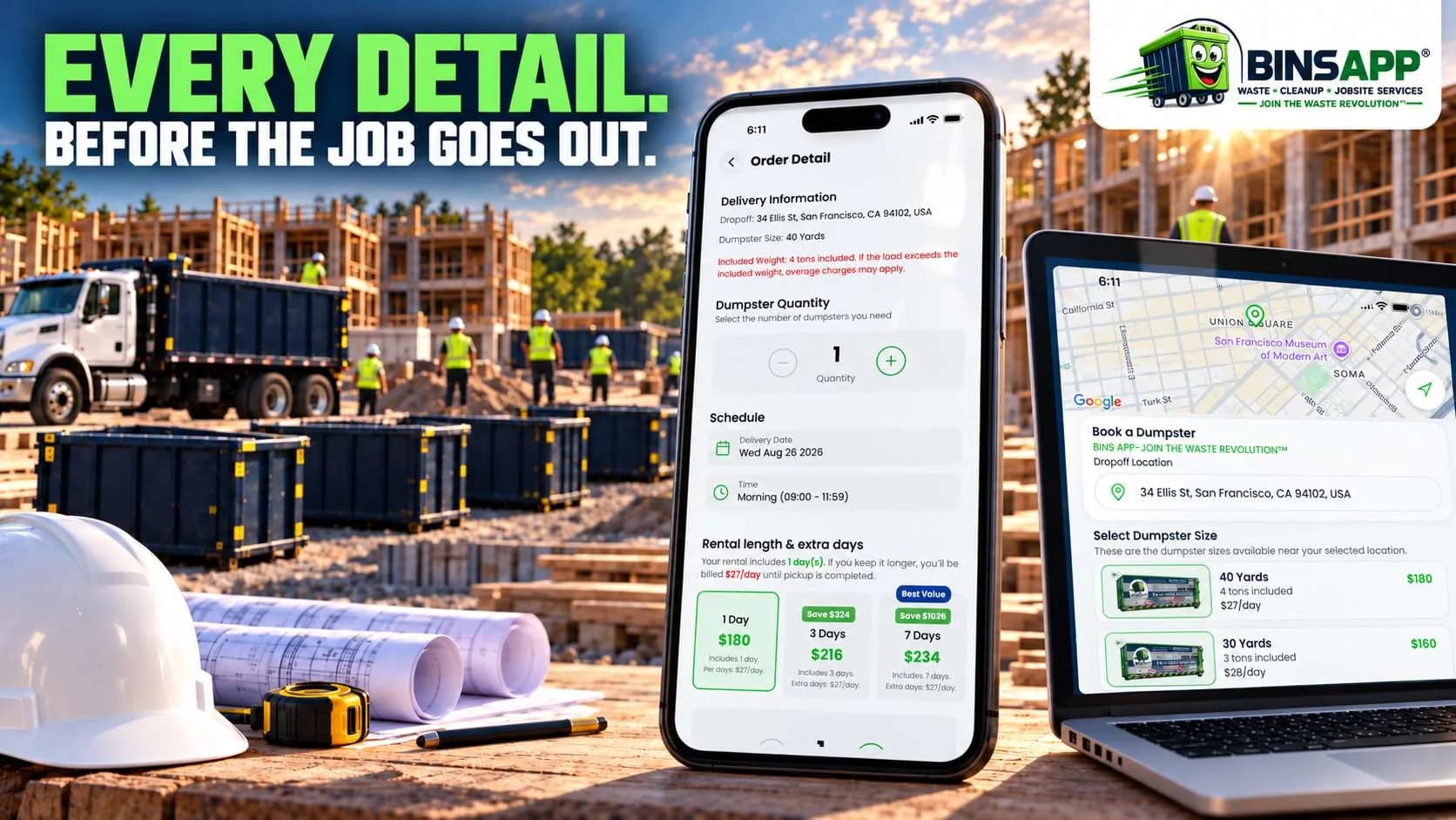 Order details on laptop and field phone before a commercial job goes out