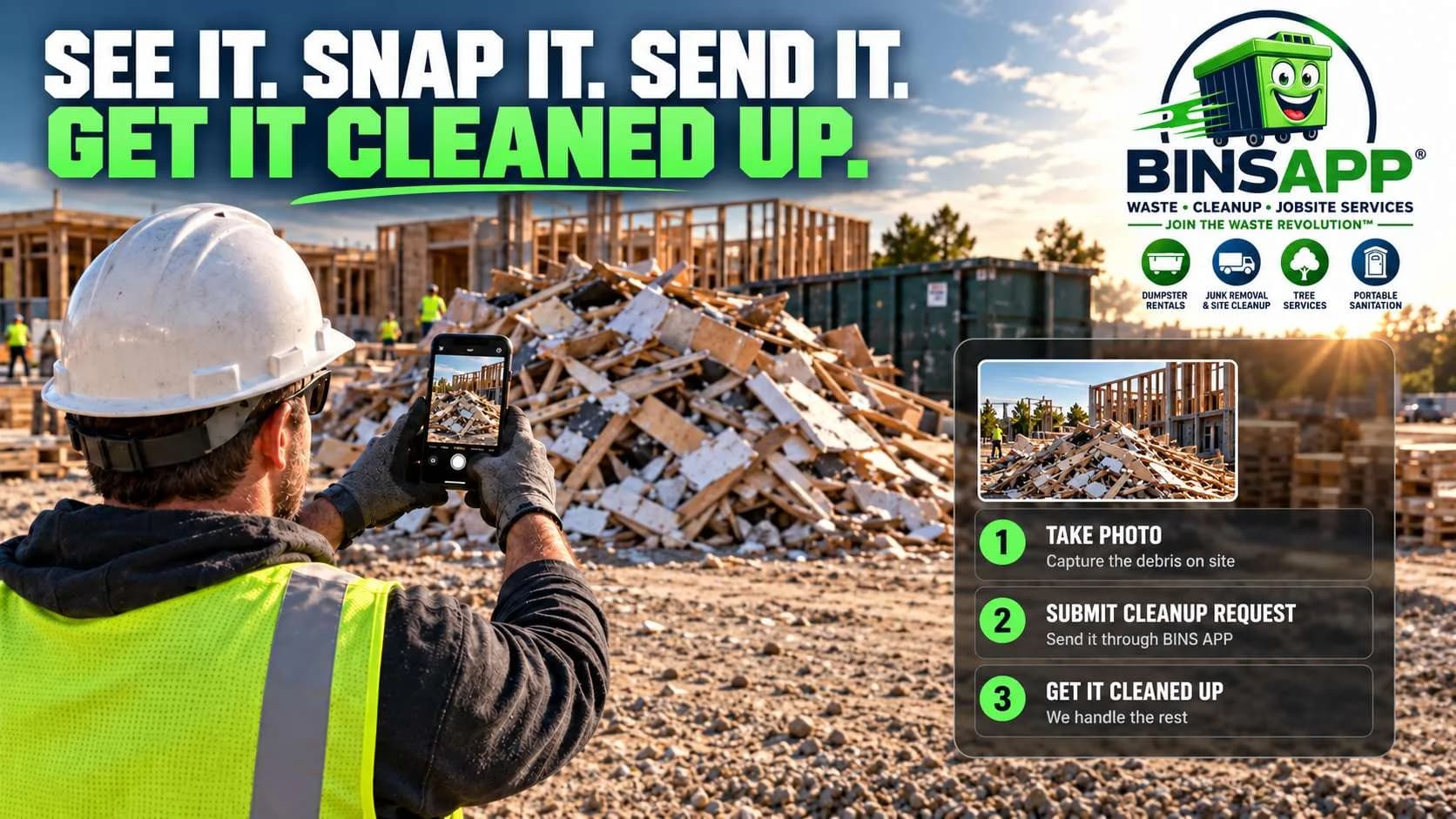 Field user taking a photo of jobsite debris to submit a site cleanup request